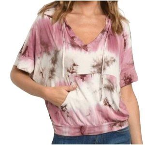 Ginger G Tie Dye Short Sleeve Hoodie Berry Brown Cream Size Large NWT